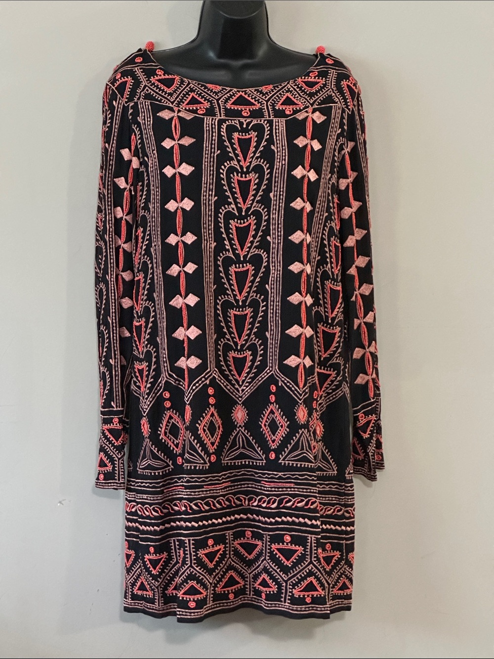 Antik Batik Black Dress with Coral Embroidered Geometric Pattern L